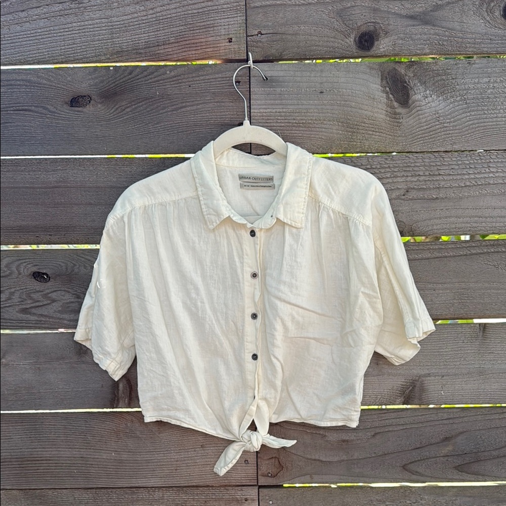Urban Outfitters Linen Blend Cropped Blouse with Button-Up Tie-Front Top
